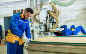 Carpenter in blue jumpsuit hand-cutting furniture in a workshop
